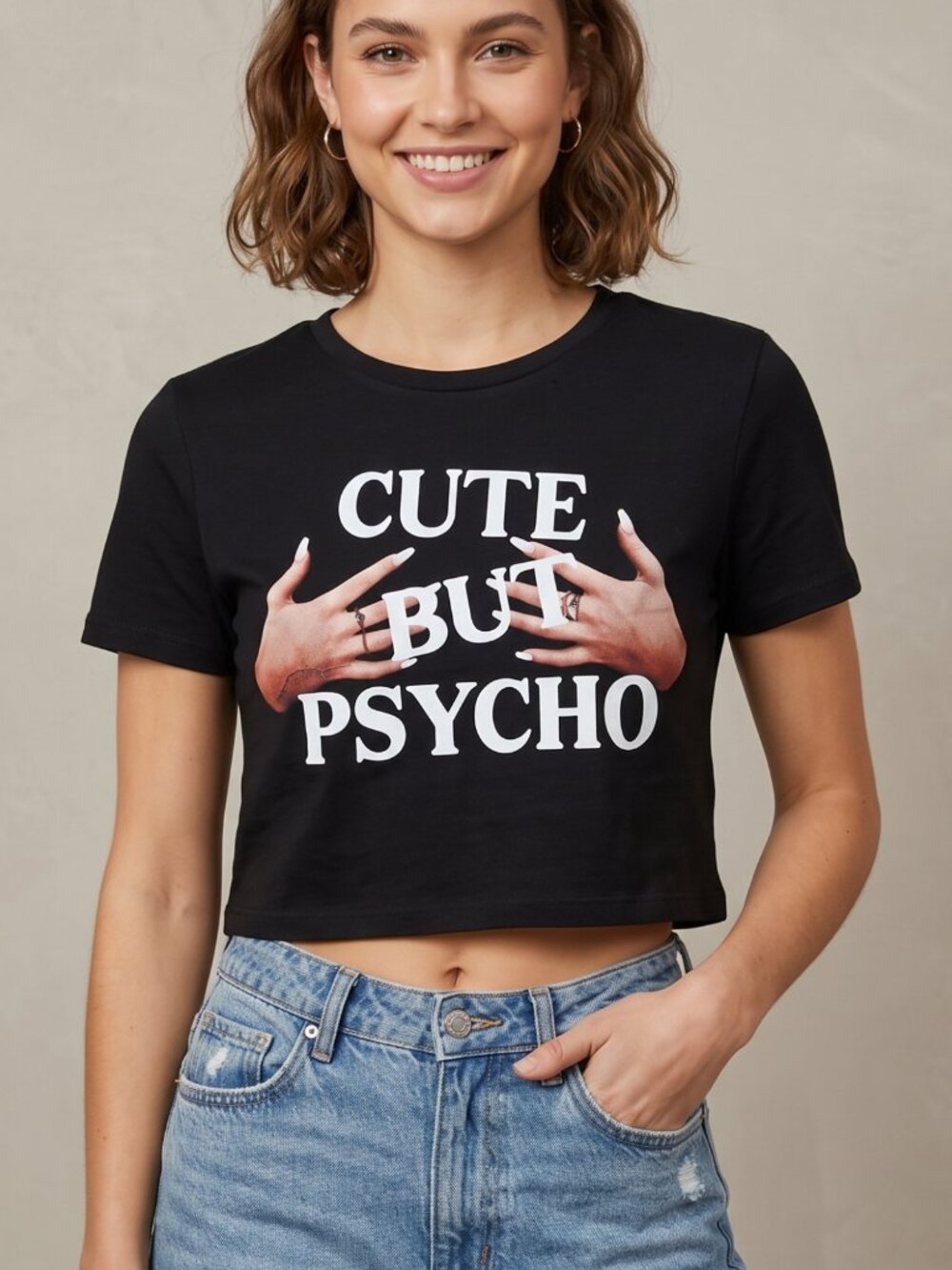 NWOT Cute But Psycho Graphic Black Short Sleeve Crop Top Large